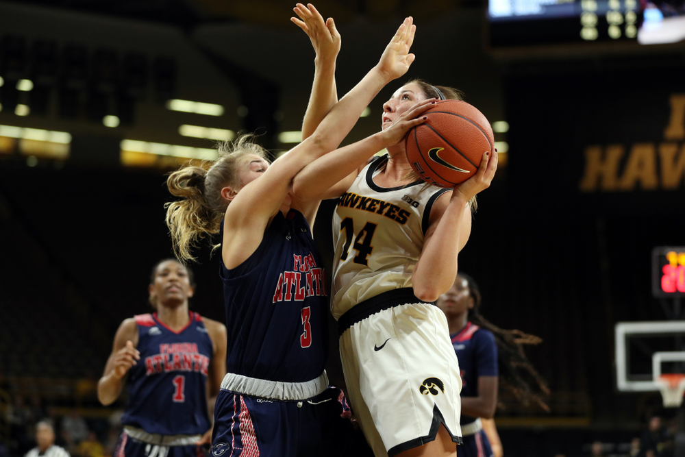 Iowa Hawkeyes forward McKenna Warnock (14) against Florida Atlantic University Thursday, November 7, 2019 at Carver-Hawkeye Arena. (Brian Ray/hawkeyesports.com)