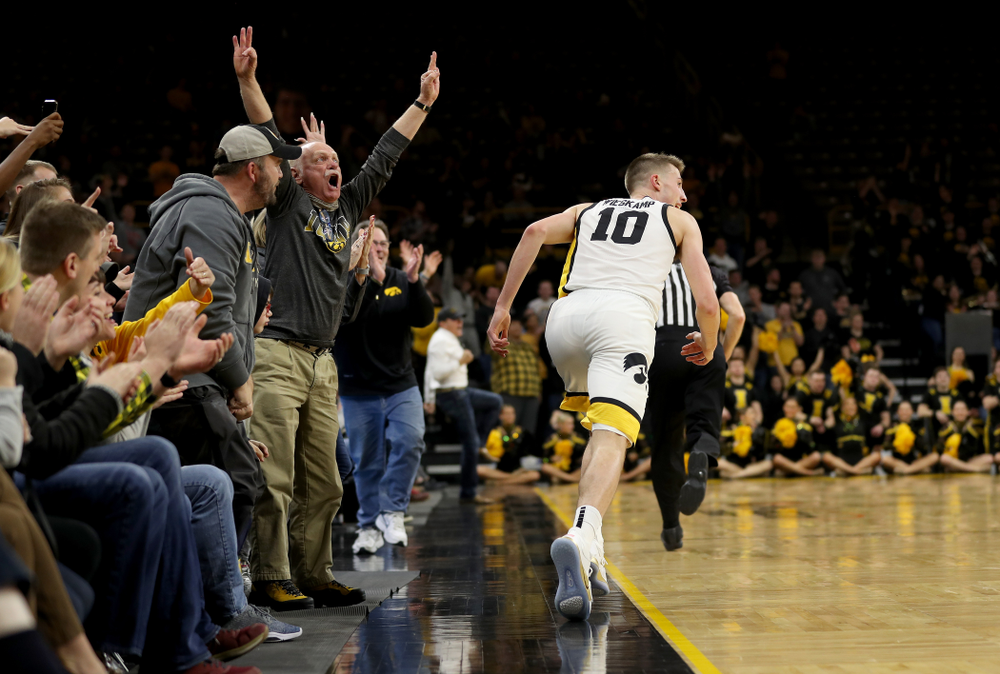 Iowa Hawkeyes guard Joe Wieskamp (10) celebrates a three point basket against the Maryland Terrapins Friday, January 10, 2020 at Carver-Hawkeye Arena. (Brian Ray/hawkeyesports.com)