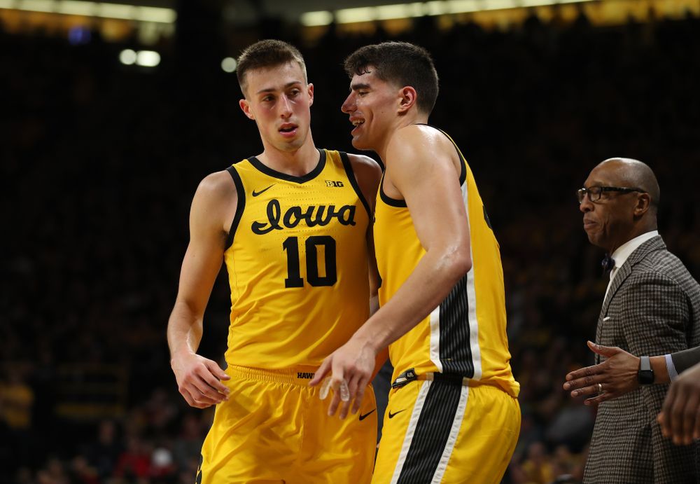 Iowa Hawkeyes guard Joe Wieskamp (10) and forward Luka Garza (55) against the Nebraska Cornhuskers Saturday, February 8, 2020 at Carver-Hawkeye Arena. (Brian Ray/hawkeyesports.com)