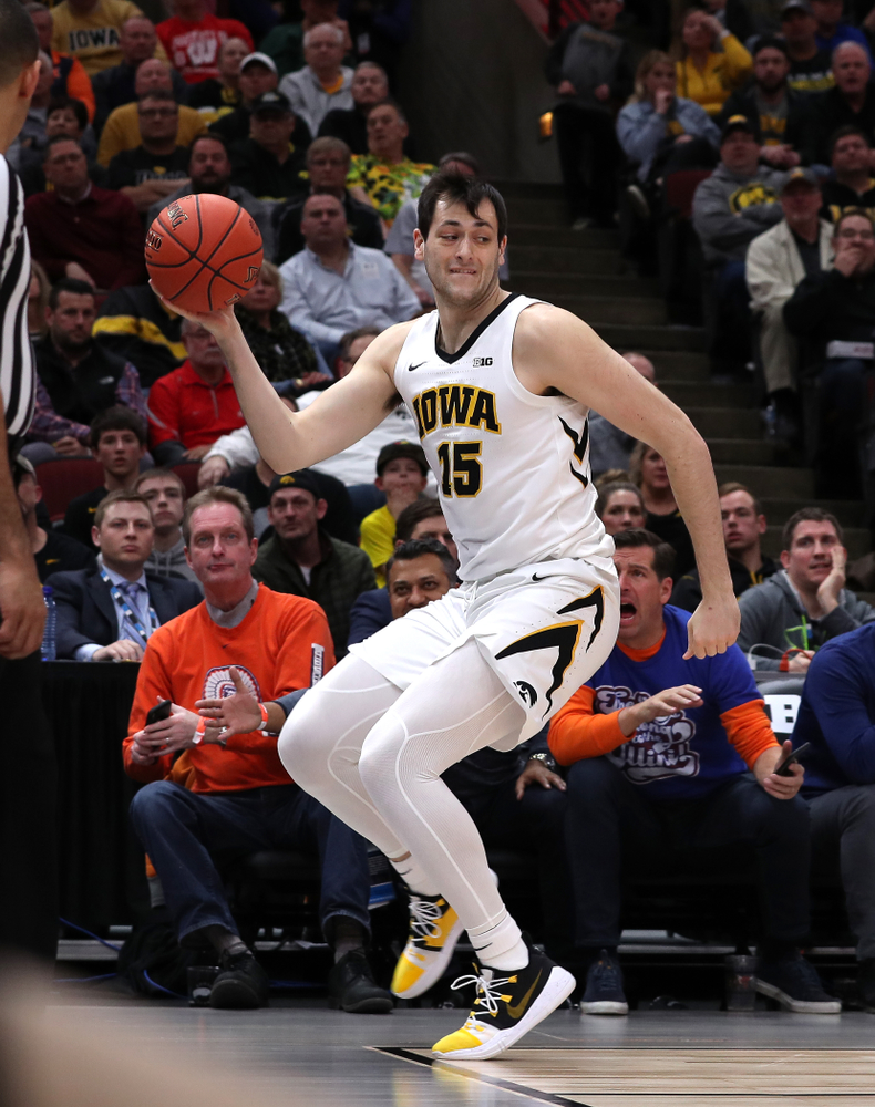 Iowa Hawkeyes forward Ryan Kriener (15) against the Illinois Fighting Illini in the 2019 Big Ten Men's Basketball Tournament Thursday, March 14, 2019 at the United Center in Chicago. (Brian Ray/hawkeyesports.com)
