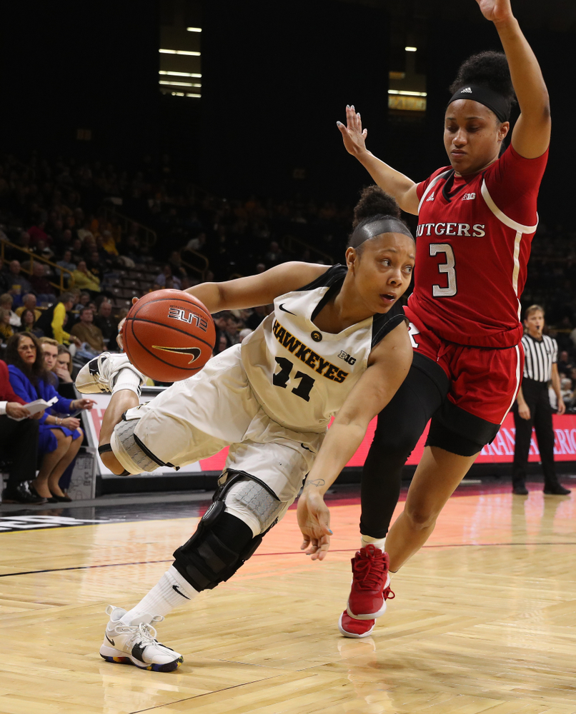 Iowa Hawkeyes guard Tania Davis (11) against the Rutgers Scarlet Knights Wednesday, January 23, 2019 at Carver-Hawkeye Arena. (Brian Ray/hawkeyesports.com)