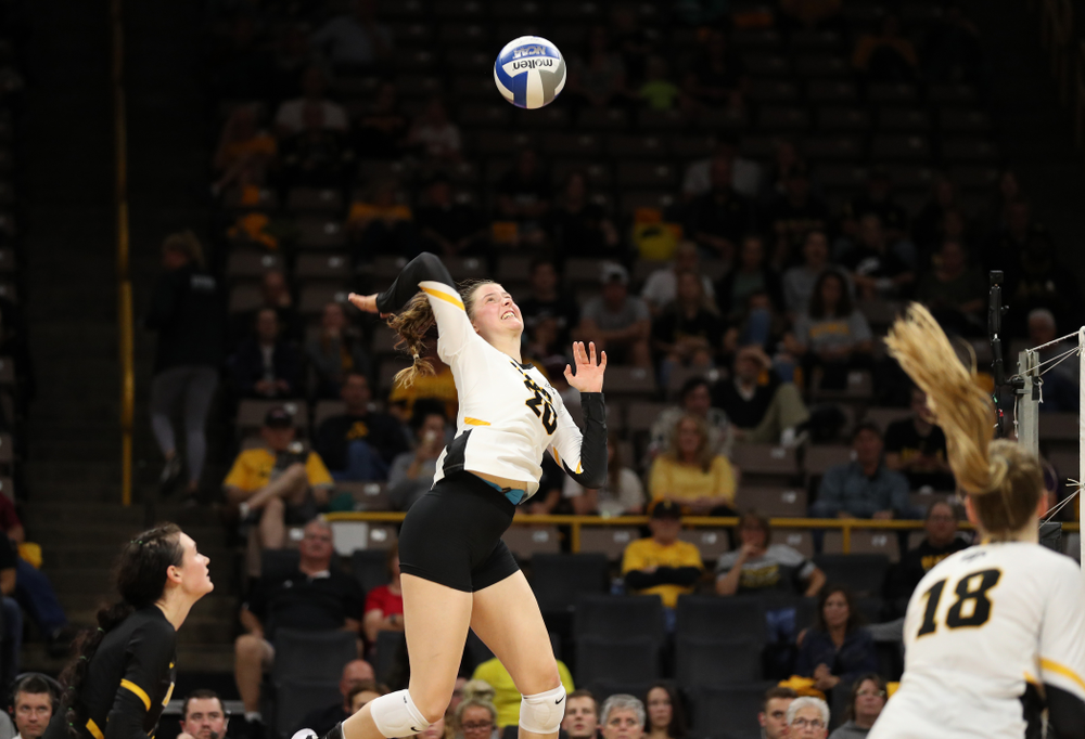 Iowa Hawkeyes outside hitter Edina Schmidt (20) against the Minnesota Golden Gophers Wednesday, October 2, 2019 at Carver-Hawkeye Arena. (Brian Ray/hawkeyesports.com)