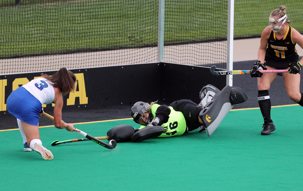 Iowa Hawkeyes goaltender Leslie Speight (96) makes a save against the Duke Blue Devils Sunday, September 15, 2019 at Grant Field. (Brian Ray/hawkeyesports.com)