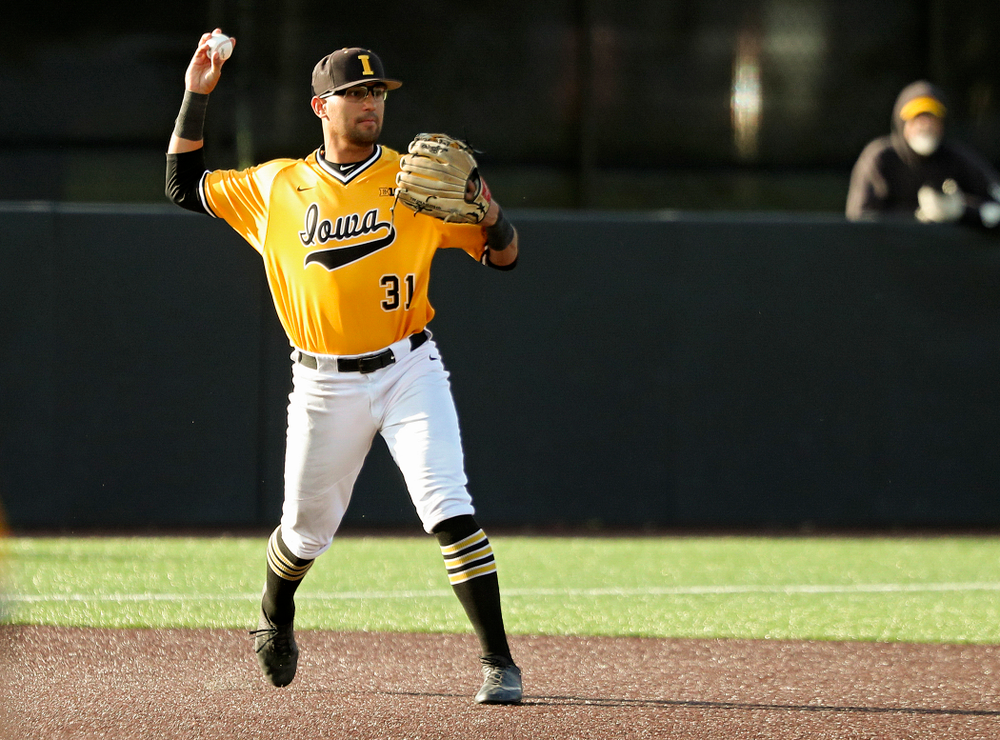 Iowa infielder Matthew Sosa (31) throws to second base for an out during the fourth inning of the first game of the Black and Gold Fall World Series at Duane Banks Field in Iowa City on Tuesday, Oct 15, 2019. (Stephen Mally/hawkeyesports.com)
