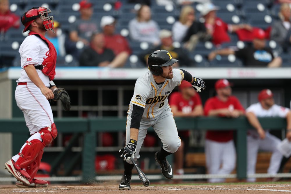 Iowa Hawkeyes outfielder Justin Jenkins (6) against the Indiana Hoosiers in the first round of the Big Ten Baseball Tournament Wednesday, May 22, 2019 at TD Ameritrade Park in Omaha, Neb. (Brian Ray/hawkeyesports.com)