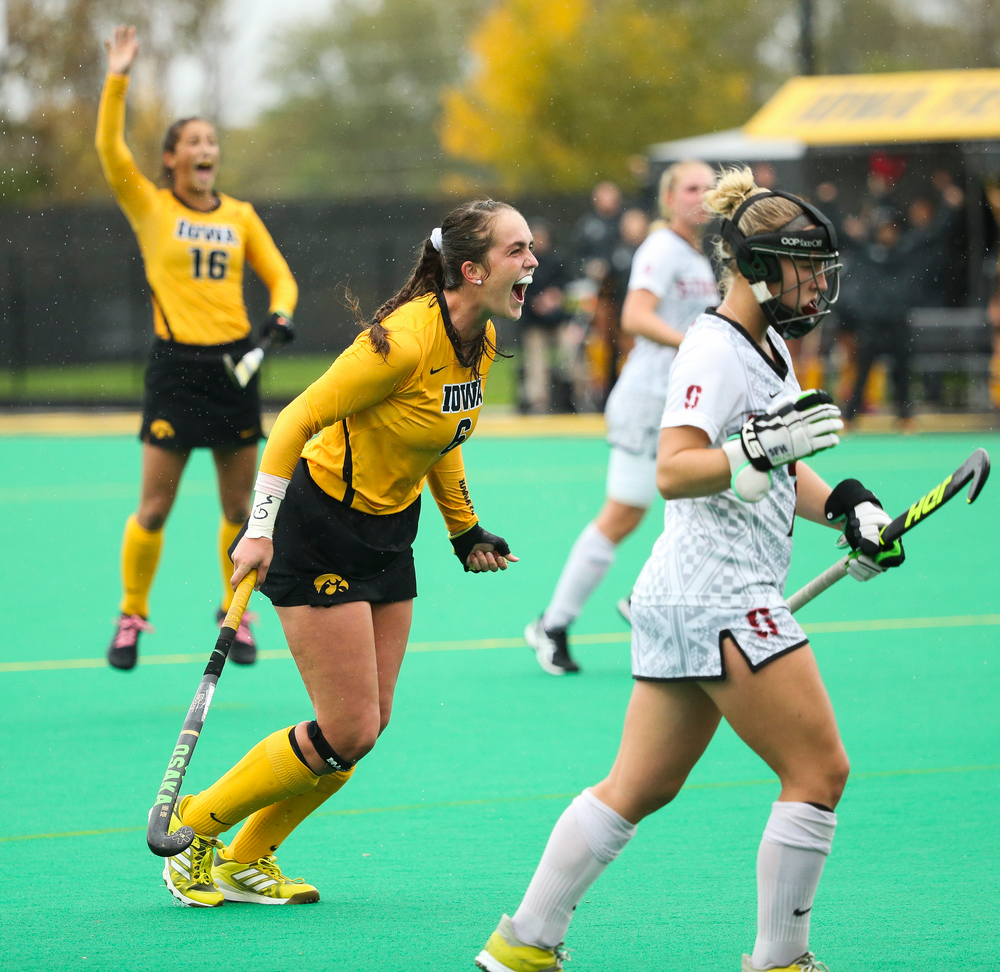 Iowa Hawkeyes defender Anthe Nijziel (6) celebrates after assisting on a goal during a game against Stanford at Grant Field on October 7, 2018. (Tork Mason/hawkeyesports.com)