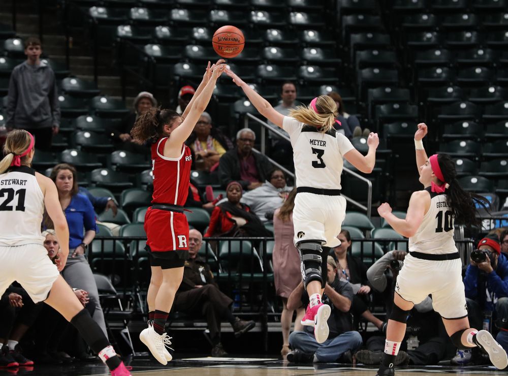 Iowa Hawkeyes guard Makenzie Meyer (3) blocks a shot in the final seconds against the Rutgers Scarlet Knights in the semi-finals of the Big Ten Tournament Saturday, March 9, 2019 at Bankers Life Fieldhouse in Indianapolis, Ind. (Brian Ray/hawkeyesports.com)