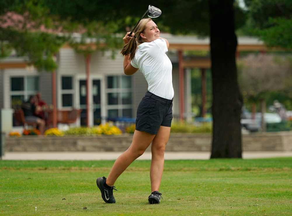 Iowa’s Stephanie Herzog tees off during their dual against Northern Iowa at Pheasant Ridge Golf Course in Cedar Falls on Monday, Sep 2, 2019. (Stephen Mally/hawkeyesports.com)