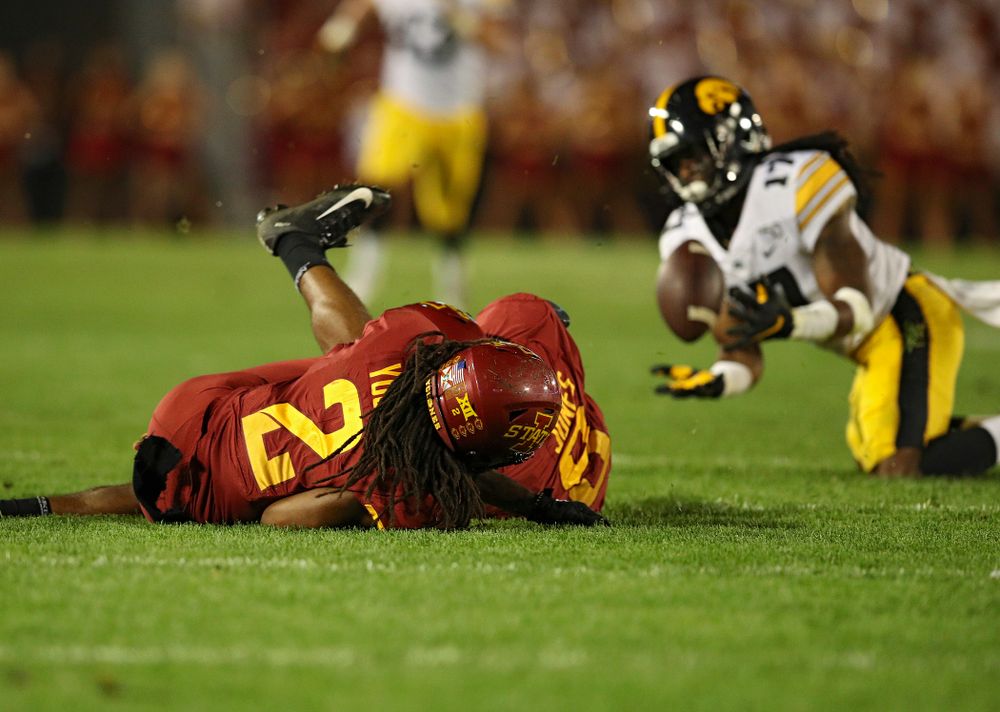 Iowa Hawkeyes defensive back Devonte Young (17) recovers an Iowa State fumble during the fourth quarter of their Iowa Corn Cy-Hawk Series game at Jack Trice Stadium in Ames on Saturday, Sep 14, 2019. (Stephen Mally/hawkeyesports.com)
