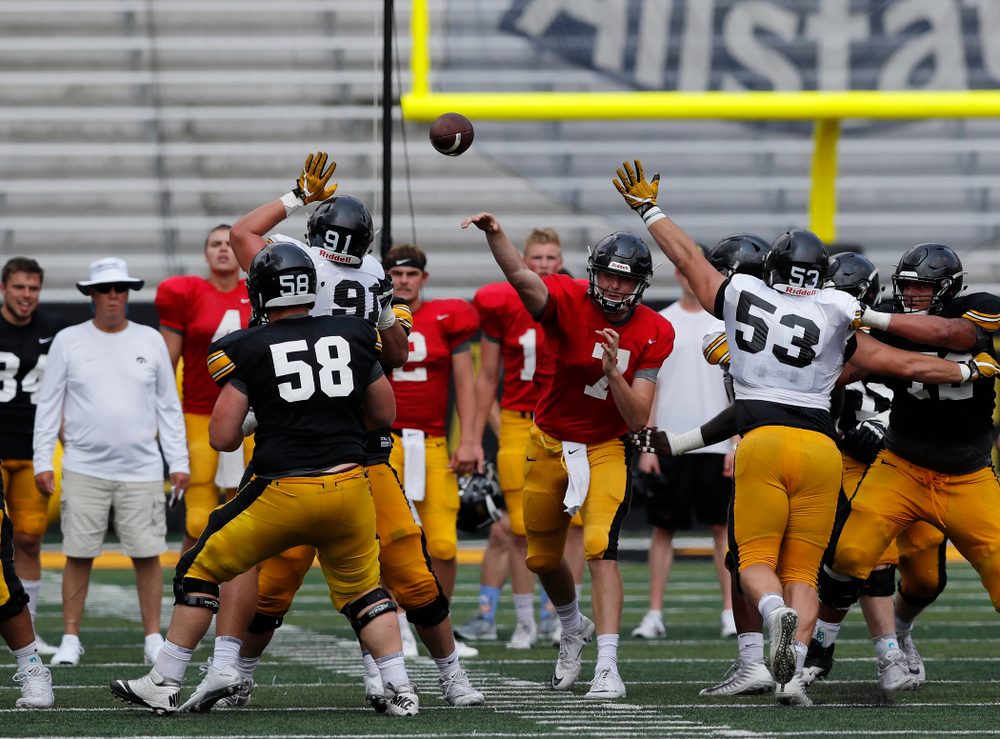 Iowa Hawkeyes quarterback Spencer Petras (7) during Kids Day Saturday, August 11, 2018 at Kinnick Stadium. (Brian Ray/hawkeyesports.com)