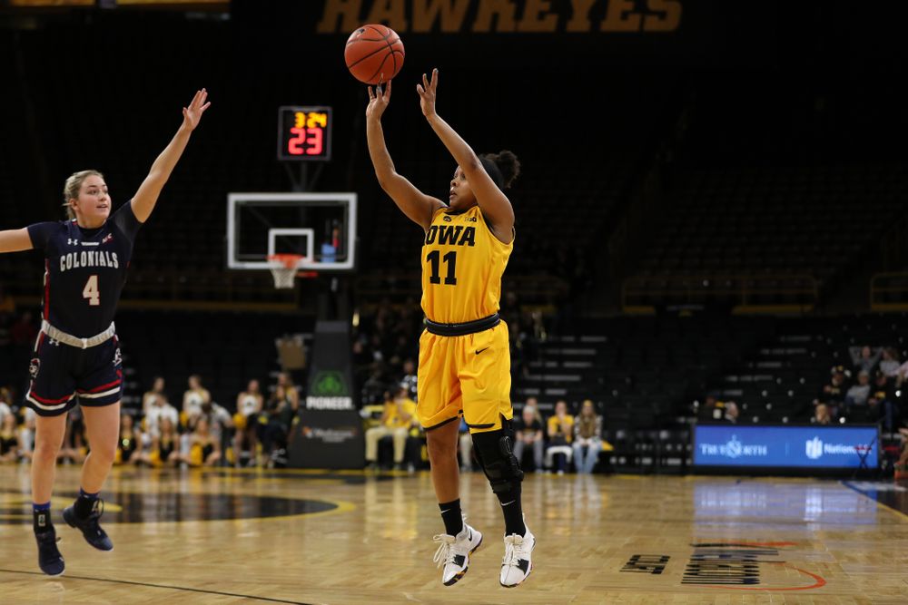 Iowa Hawkeyes guard Tania Davis (11) against the Robert Morris Colonials Sunday, December 2, 2018 at Carver-Hawkeye Arena. (Brian Ray/hawkeyesports.com)