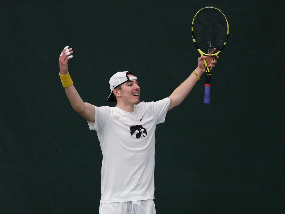 Iowa’s Nikita Snezhko against Cornell Sunday, March 8, 2020 at the Hawkeye Tennis and Recreation Center. (Brian Ray/hawkeyesports.com)