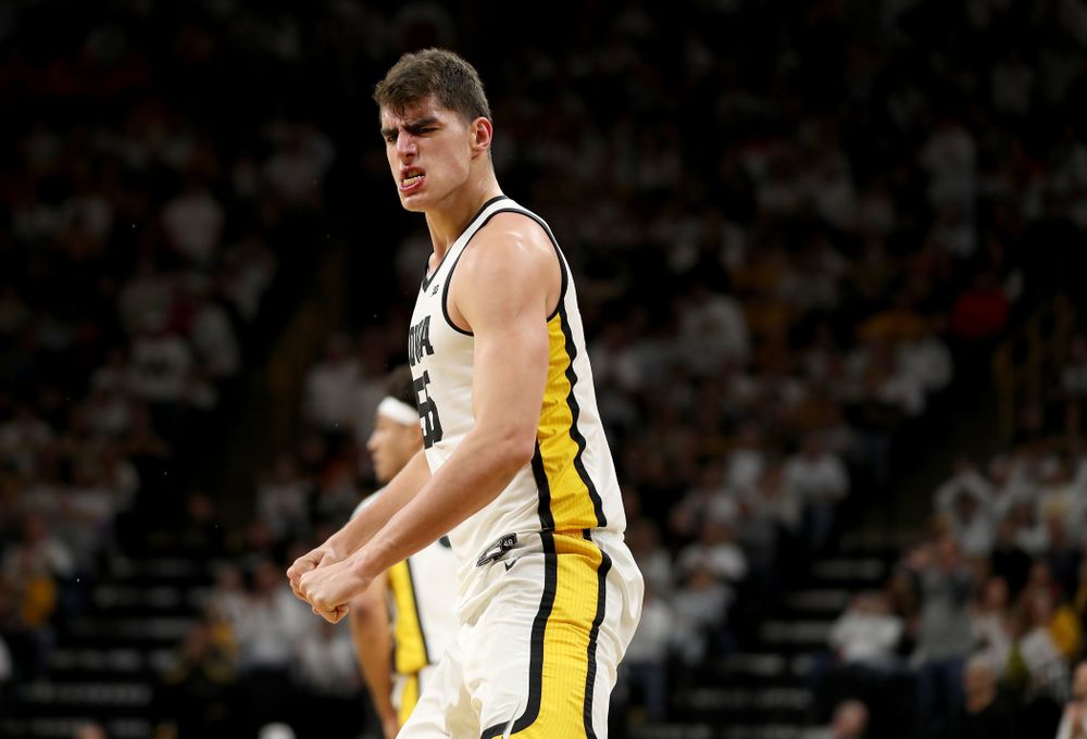 Iowa Hawkeyes forward Luka Garza (55) reacts after a basket against the Illinois Fighting Illini Sunday, February 2, 2020 at Carver-Hawkeye Arena. (Brian Ray/hawkeyesports.com)
