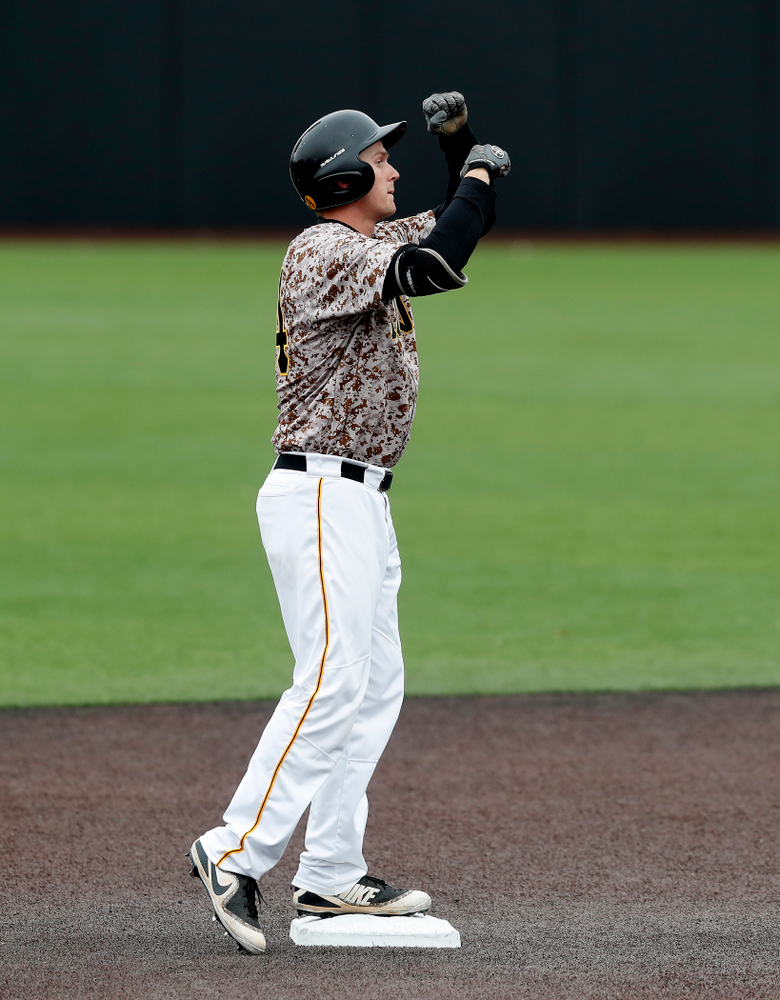 Iowa Hawkeyes outfielder Robert Neustrom (44) during a double header against the Indiana Hoosiers Friday, March 23, 2018 at Duane Banks Field. (Brian Ray/hawkeyesports.com)