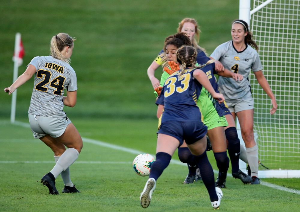 Iowa defender Sara Wheaton (24) scores a goal during the first half of their match at the Iowa Soccer Complex in Iowa City on Friday, Sep 13, 2019. (Stephen Mally/hawkeyesports.com)