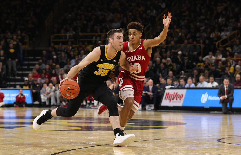 Iowa Hawkeyes guard Connor McCaffery (30) against the Indiana Hoosiers Friday, February 22, 2019 at Carver-Hawkeye Arena. (Brian Ray/hawkeyesports.com)