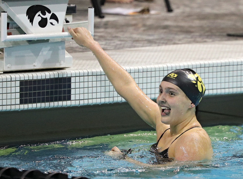 Iowa’s Emilia Sansome reacts after swimming the women’s 50-yard backstroke event during their meet against Michigan State at the Campus Recreation and Wellness Center in Iowa City on Thursday, Oct 3, 2019. (Stephen Mally/hawkeyesports.com)