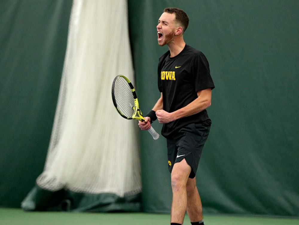 Iowa’s Kareem Allaf celebrates after wining his singles match at the Hawkeye Tennis and Recreation Complex in Iowa City on Friday, February 14, 2020. (Stephen Mally/hawkeyesports.com)