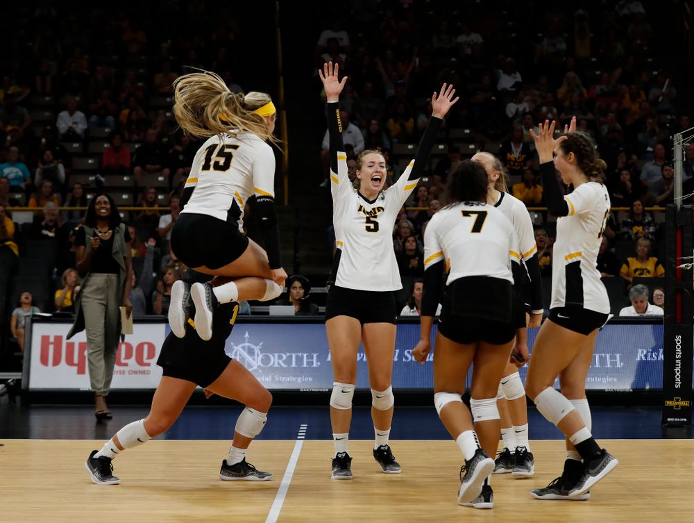 Iowa Hawkeyes outside hitter Meghan Buzzerio (5) against the Michigan Wolverines Sunday, September 23, 2018 at Carver-Hawkeye Arena. (Brian Ray/hawkeyesports.com)