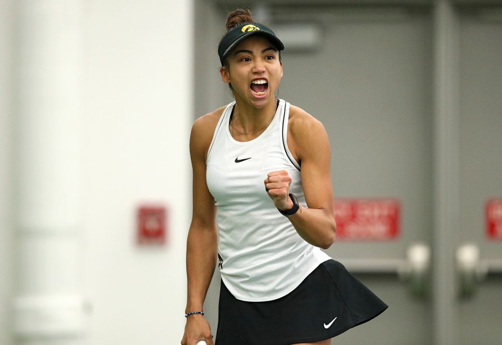 Iowa’s Michelle Bacalla celebrates a point during her singles match at the Hawkeye Tennis and Recreation Complex in Iowa City on Sunday, February 16, 2020. (Stephen Mally/hawkeyesports.com)