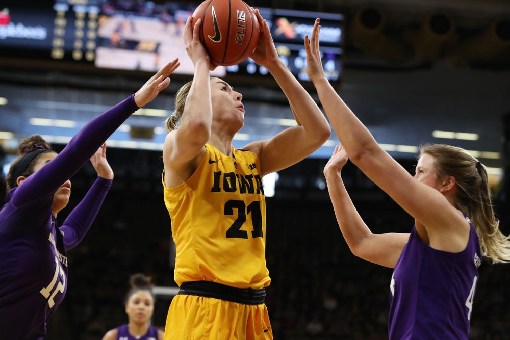 Iowa Hawkeyes forward Hannah Stewart (21) against the Northwestern Wildcats Sunday, March 3, 2019 at Carver-Hawkeye Arena. (Brian Ray/hawkeyesports.com)