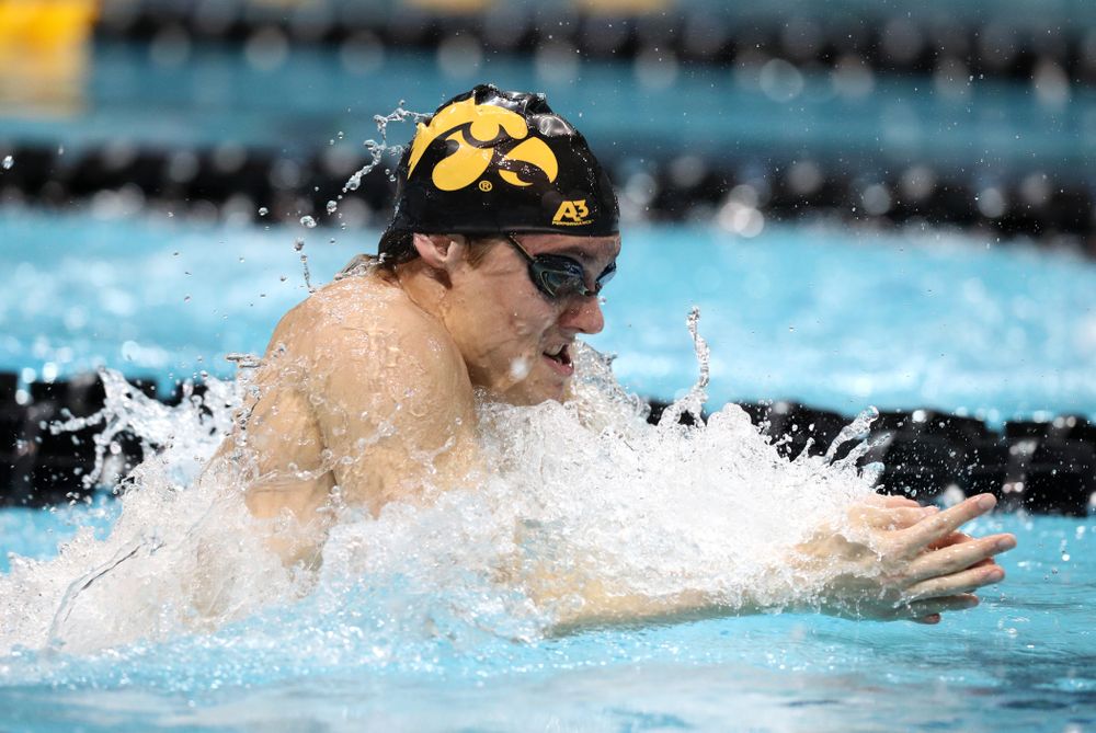 Iowa's Daniel Swanepoel swims the breaststroke leg of the 200 medley relay at the 2019 Big Ten Swimming and Diving meet Wednesday, February 27, 2019 at the Campus Wellness and Recreation Center. (Brian Ray/hawkeyesports.com)