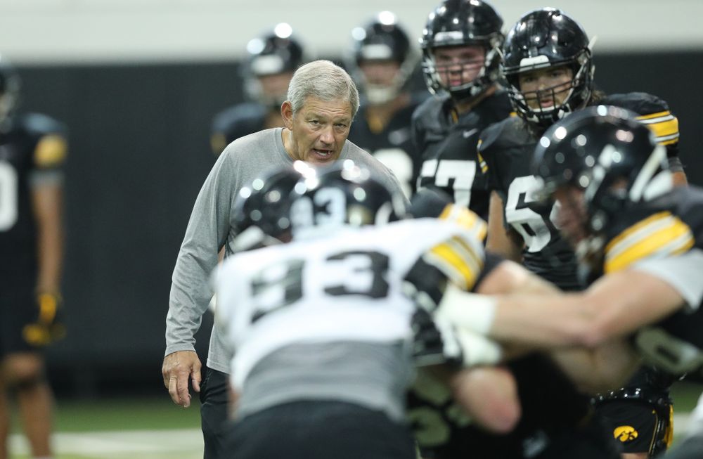 Iowa Hawkeyes head coach Kirk Ferentz during Fall Camp Practice No. 16 Tuesday, August 20, 2019 at the Ronald D. and Margaret L. Kenyon Football Practice Facility. (Brian Ray/hawkeyesports.com)