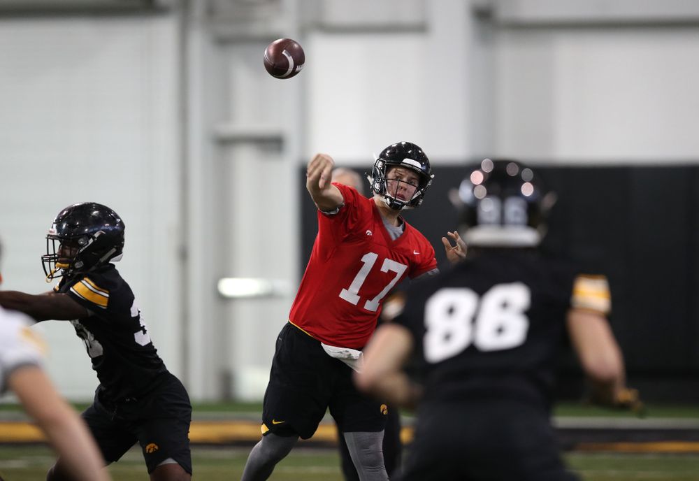 Iowa Hawkeyes quarterback Ryan Schmidt (17) during preparation for the 2019 Outback Bowl Tuesday, December 18, 2018 at the Hansen Football Performance Center. (Brian Ray/hawkeyesports.com)