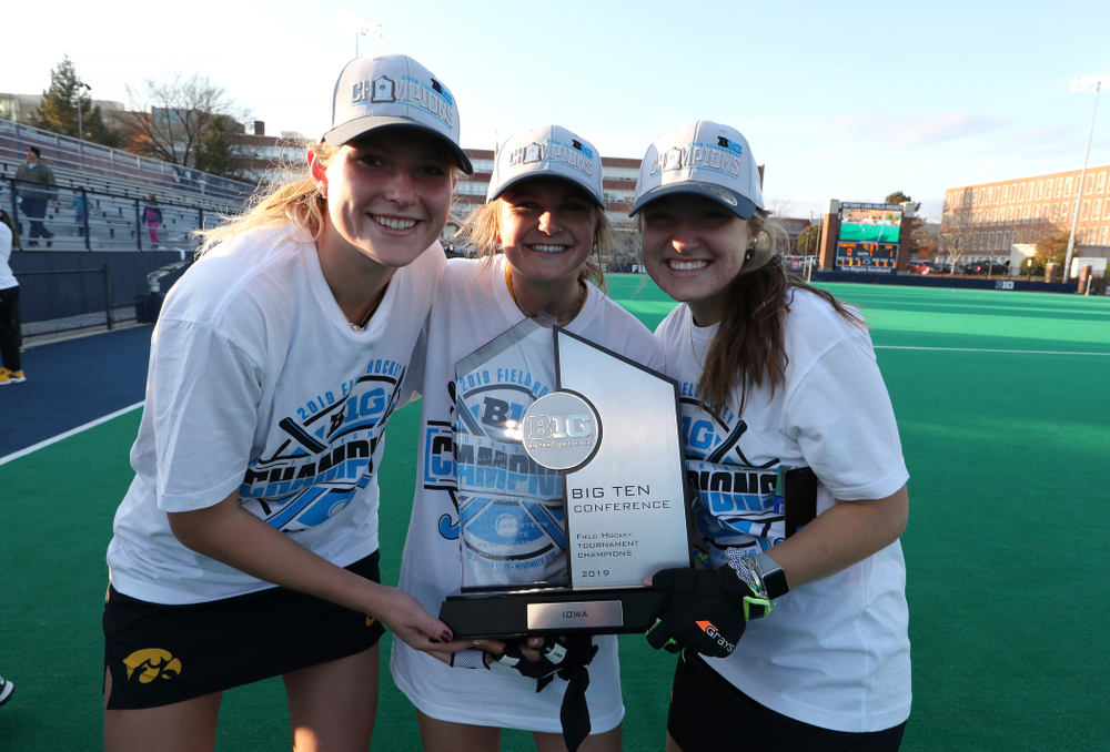 The Iowa Hawkeyes celebrate their victory over Penn State in the 2019 Big Ten Field Hockey Tournament Championship Game Sunday, November 10, 2019 in State College. (Brian Ray/hawkeyesports.com)