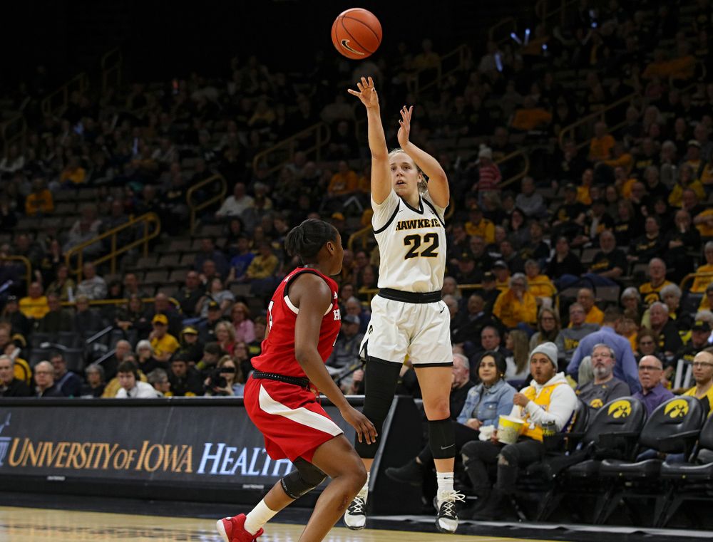 Iowa Hawkeyes guard Kathleen Doyle (22) makes a 3-pointer during the second quarter of the game at Carver-Hawkeye Arena in Iowa City on Thursday, February 6, 2020. (Stephen Mally/hawkeyesports.com)