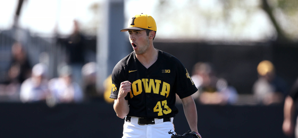 Iowa Hawkeyes Grant Leonard (43) reacts after recording the final out during game two against UC Irvine Saturday, May 4, 2019 at Duane Banks Field. (Brian Ray/hawkeyesports.com)