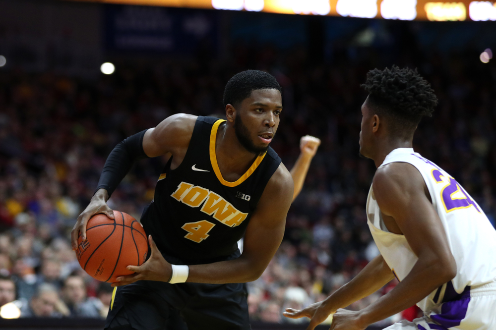 Iowa Hawkeyes guard Isaiah Moss (4) against the Northern Iowa Panthers in the Hy-Vee Classic Saturday, December 15, 2018 at Wells Fargo Arena in Des Moines. (Brian Ray/hawkeyesports.com)