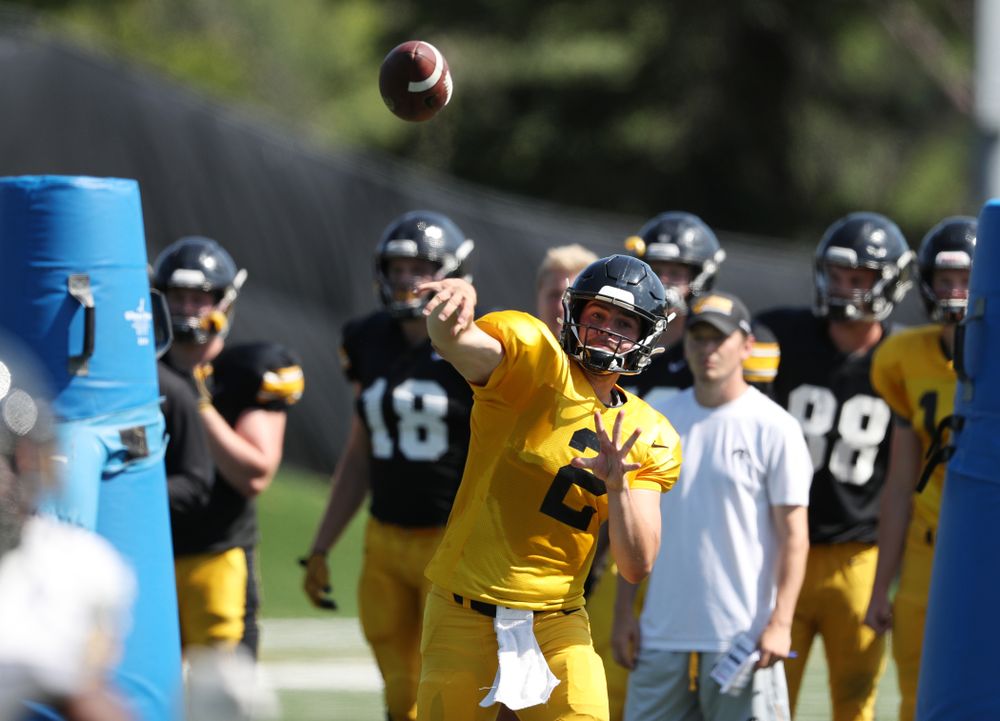Iowa Hawkeyes quarterback Peyton Mansell (2) during Fall Camp Practice No. 5 Tuesday, August 6, 2019 at the Ronald D. and Margaret L. Kenyon Football Practice Facility. (Brian Ray/hawkeyesports.com)