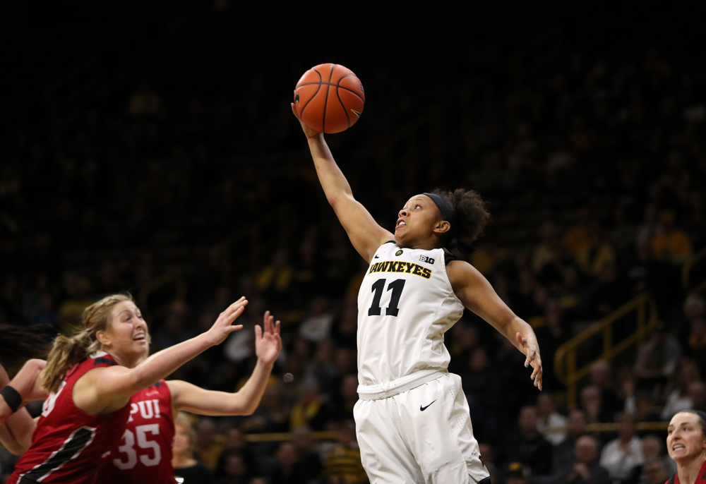 Iowa Hawkeyes guard Tania Davis (11) against the IUPUI Jaguars Saturday, December 8, 2018 at Carver-Hawkeye Arena. (Brian Ray/hawkeyesports.com)