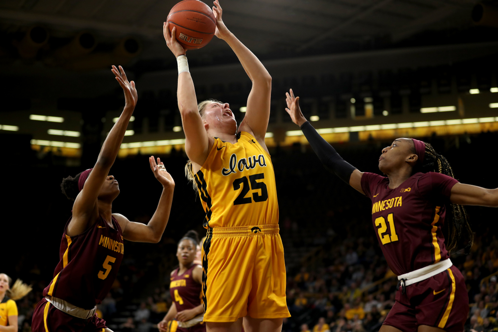 Iowa Hawkeyes forward/center Monika Czinano (25) against the Minnesota Golden Gophers Thursday, February 27, 2020 at Carver-Hawkeye Arena. (Brian Ray/hawkeyesports.com)