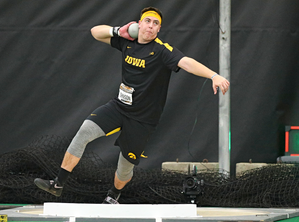 Iowa’s Jordan Johnson throws in the men’s shot put event during the Larry Wieczorek Invitational at the Hawkeye Tennis and Recreation Complex in Iowa City on Friday, January 17, 2020. (Stephen Mally/hawkeyesports.com)