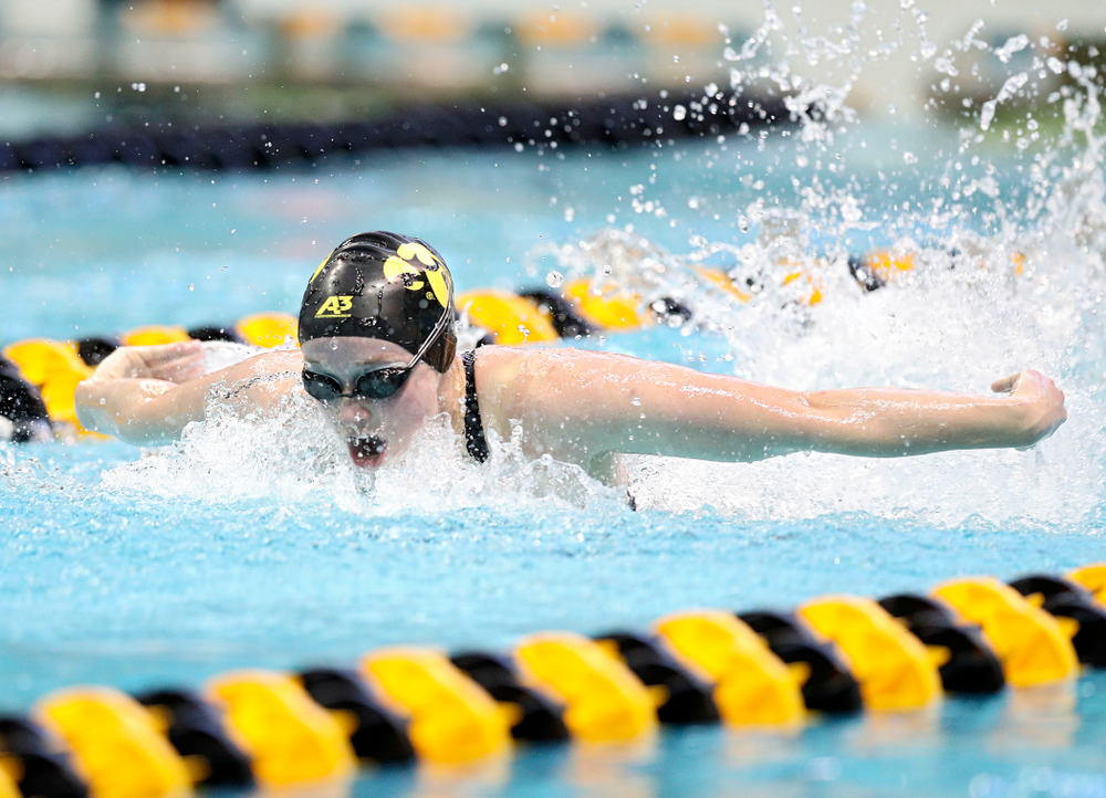 Iowa’s Kelsey Drake swims the women’s 100 yard butterfly preliminary event during the 2020 Women’s Big Ten Swimming and Diving Championships at the Campus Recreation and Wellness Center in Iowa City on Friday, February 21, 2020. (Stephen Mally/hawkeyesports.com)