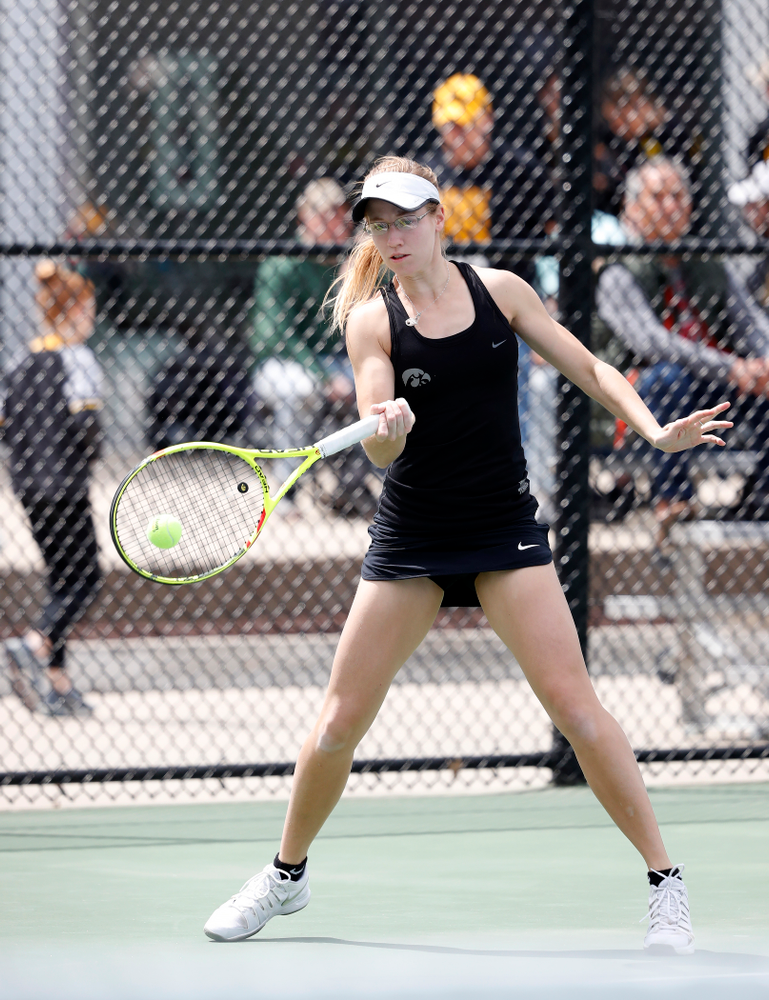 Montana Crawford and Danielle Burich play a doubles match against the Wisconsin Badgers Sunday, April 22, 2018 at the Hawkeye Tennis and Recreation Center. (Brian Ray/hawkeyesports.com)
