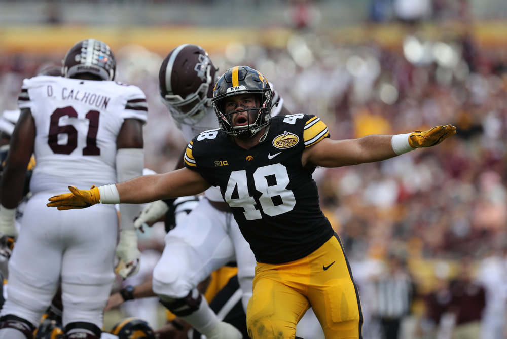 Iowa Hawkeyes linebacker Jack Hockaday (48) during their Outback Bowl Tuesday, January 1, 2019 at Raymond James Stadium in Tampa, FL. (Brian Ray/hawkeyesports.com)