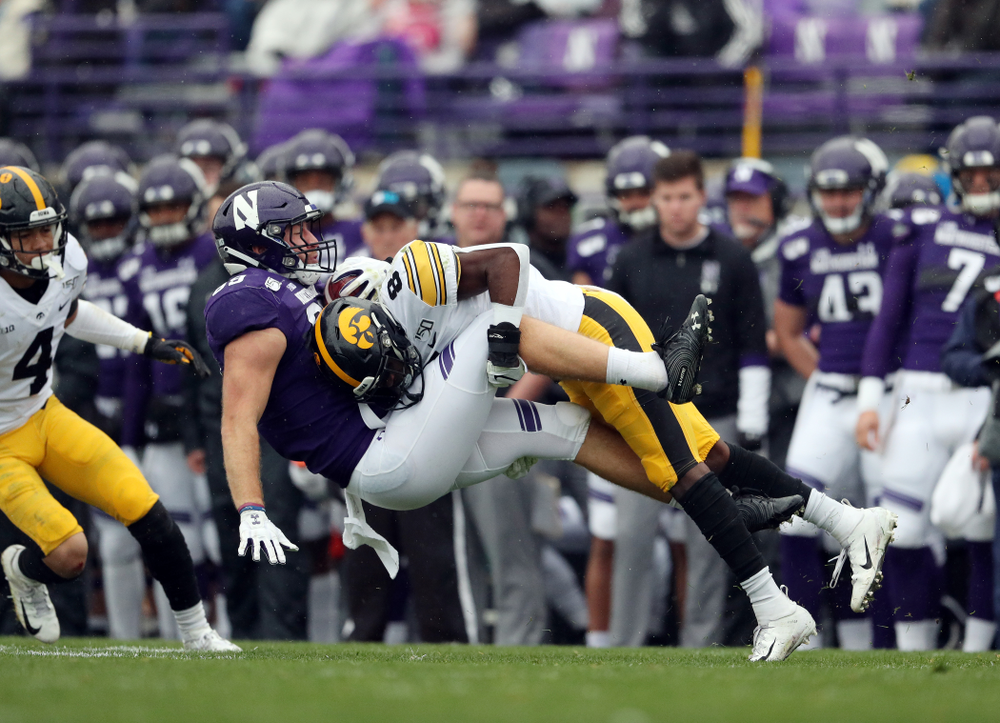 Iowa Hawkeyes defensive back Matt Hankins (8) against the Northwestern Wildcats Saturday, October 26, 2019 at Ryan Field in Evanston, Ill. (Brian Ray/hawkeyesports.com)