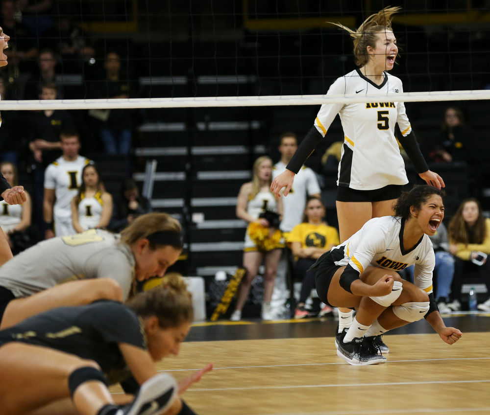Iowa Hawkeyes setter Brie Orr (7) reacts after winning a point during a game against Purdue at Carver-Hawkeye Arena on October 13, 2018. (Tork Mason/hawkeyesports.com)