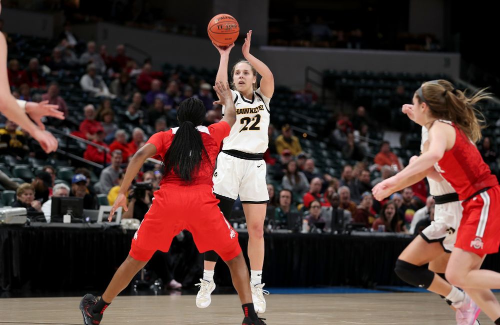 Iowa Hawkeyes guard Kathleen Doyle (22) against Ohio State in the quarterfinals of the Big Ten Basketball Tournament Friday, March 6, 2020 at Bankers Life Fieldhouse in Indianapolis. (Brian Ray/hawkeyesports.com)