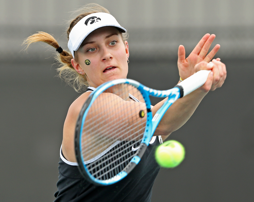 Iowa's Ashleigh Jacobs during a match against Rutgers at the Hawkeye Tennis and Recreation Complex in Iowa City on Friday, Apr. 5, 2019. (Stephen Mally/hawkeyesports.com)