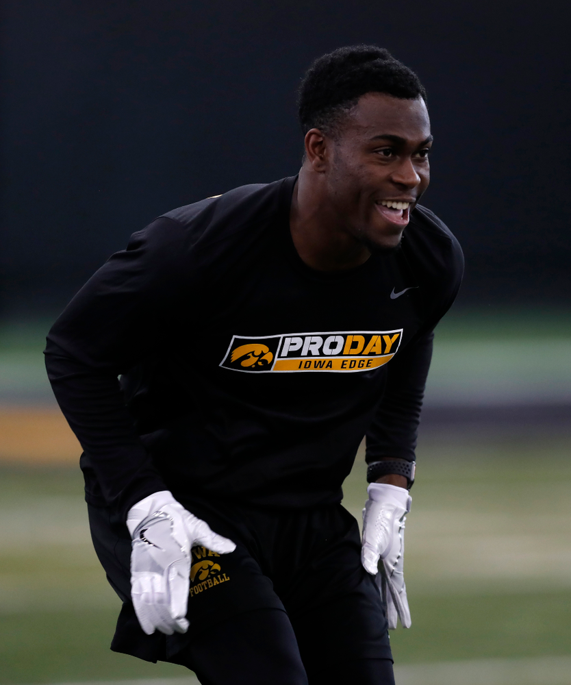 Iowa Hawkeyes defensive back Joshua Jackson (15) during the team's annual pro day Monday, March 26, 2018 at the Hansen Football Performance Center. (Brian Ray/hawkeyesports.com)
