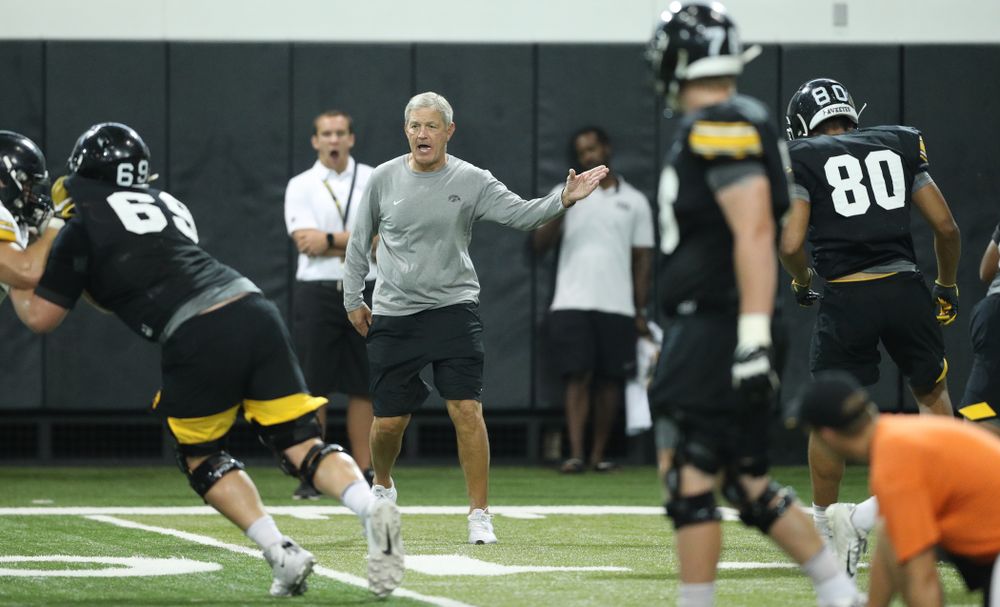 Iowa Hawkeyes head coach Kirk Ferentz during Fall Camp Practice No. 16 Tuesday, August 20, 2019 at the Ronald D. and Margaret L. Kenyon Football Practice Facility. (Brian Ray/hawkeyesports.com)