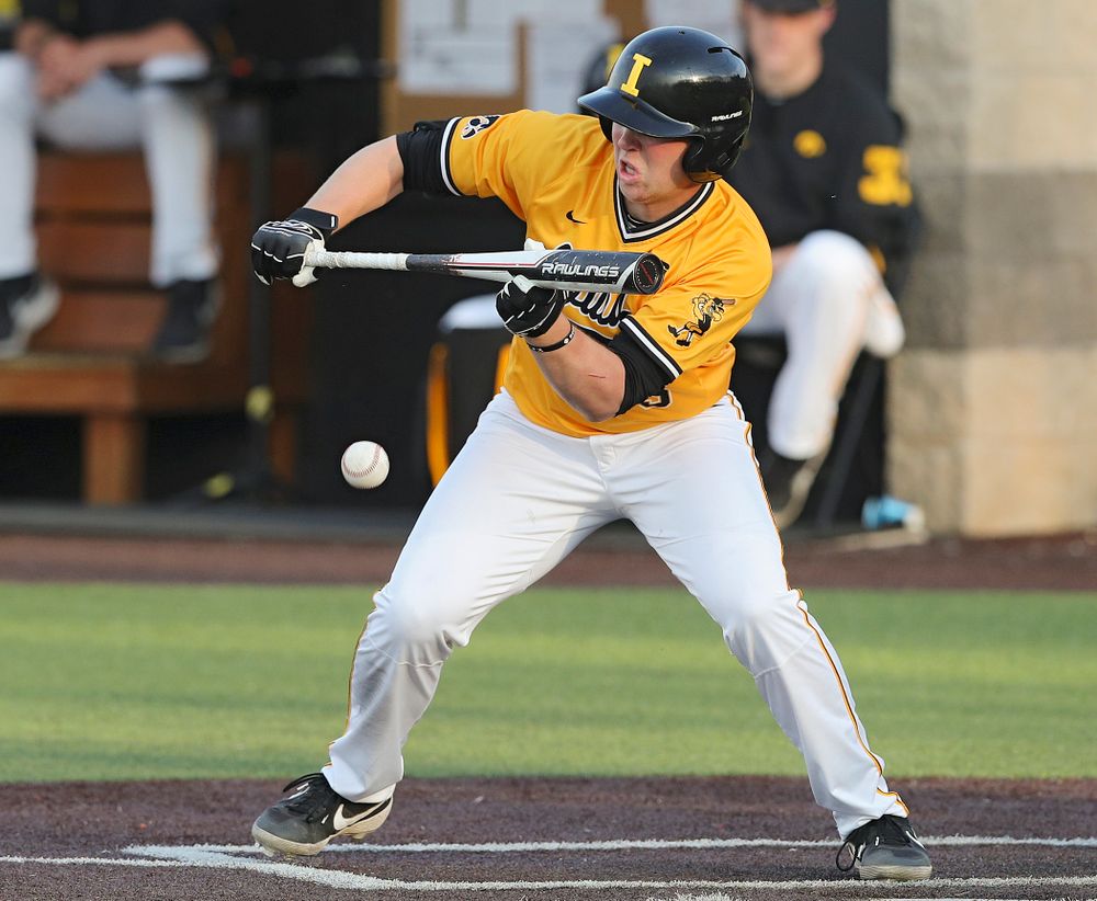 Iowa Hawkeyes Zeb Adreon (5) gets a bunt single during the seventh inning of their game against Northern Illinois at Duane Banks Field in Iowa City on Tuesday, Apr. 16, 2019. (Stephen Mally/hawkeyesports.com)