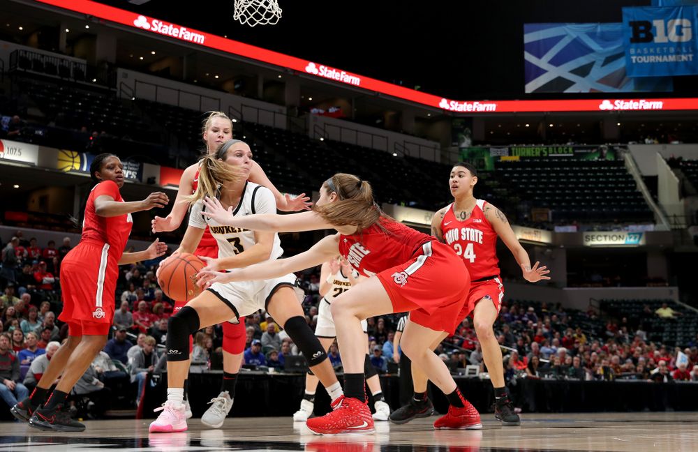 Iowa Hawkeyes guard Makenzie Meyer (3) against Ohio State in the quarterfinals of the Big Ten Basketball Tournament Friday, March 6, 2020 at Bankers Life Fieldhouse in Indianapolis. (Brian Ray/hawkeyesports.com)