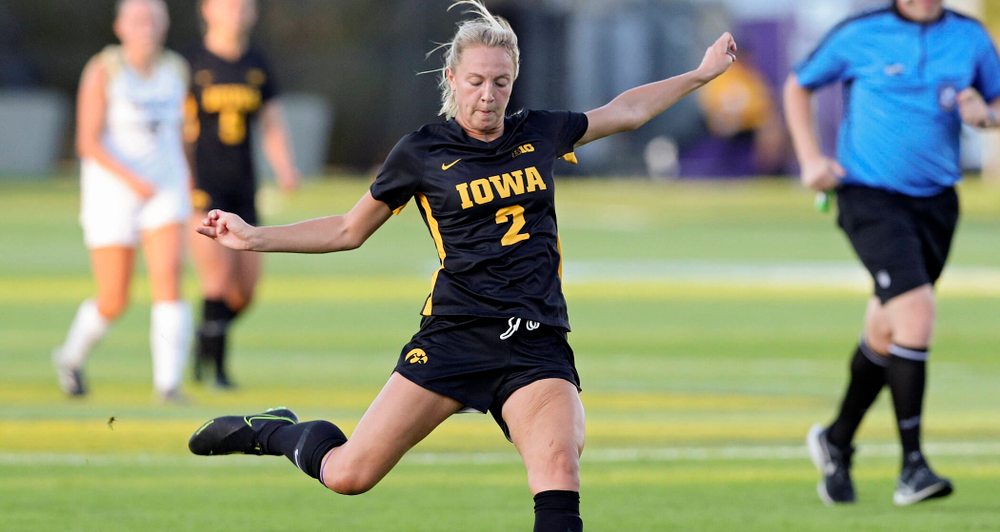Iowa midfielder Hailey Rydberg (2) lines up a shot during the first half of their match against Western Michigan at the Iowa Soccer Complex in Iowa City on Thursday, Aug 22, 2019. (Stephen Mally/hawkeyesports.com)