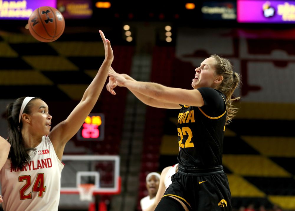 Iowa Hawkeyes guard Kathleen Doyle (22) against the Maryland Terrapins Thursday, February 13, 2020 at the Xfinity Center in College Park, MD. (Brian Ray/hawkeyesports.com)