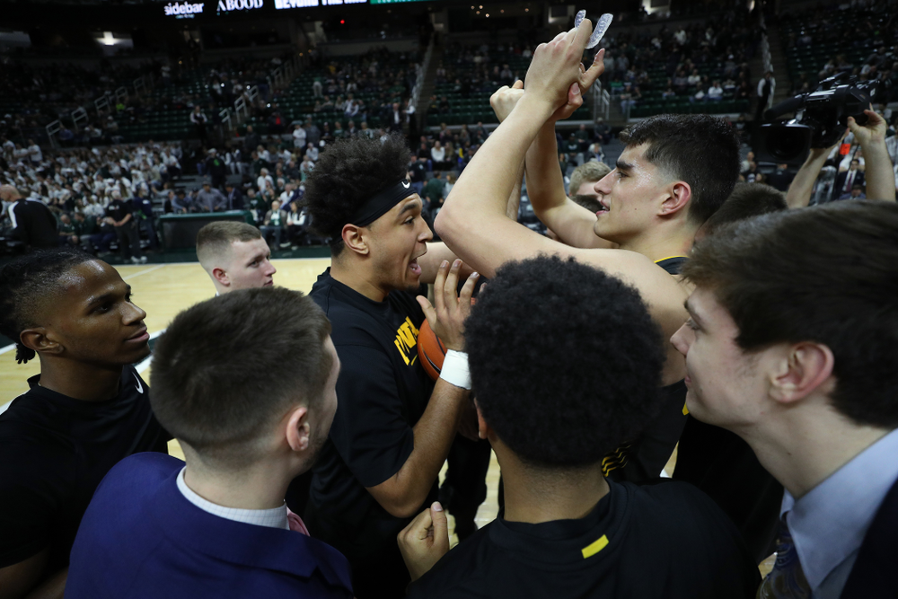 Iowa Hawkeyes forward Cordell Pemsl (35) and forward Luka Garza (55) against Michigan State Tuesday, February 25, 2020 at the Breslin Center in East Lansing, MI. (Brian Ray/hawkeyesports.com)